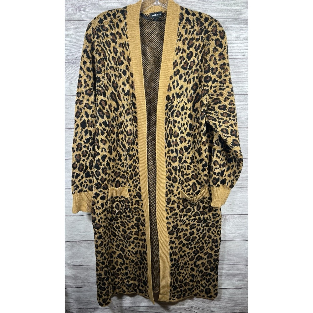 torrid Tan and Black Leopard Print Knit Open Front Long Sleeve Cardigan Size 1